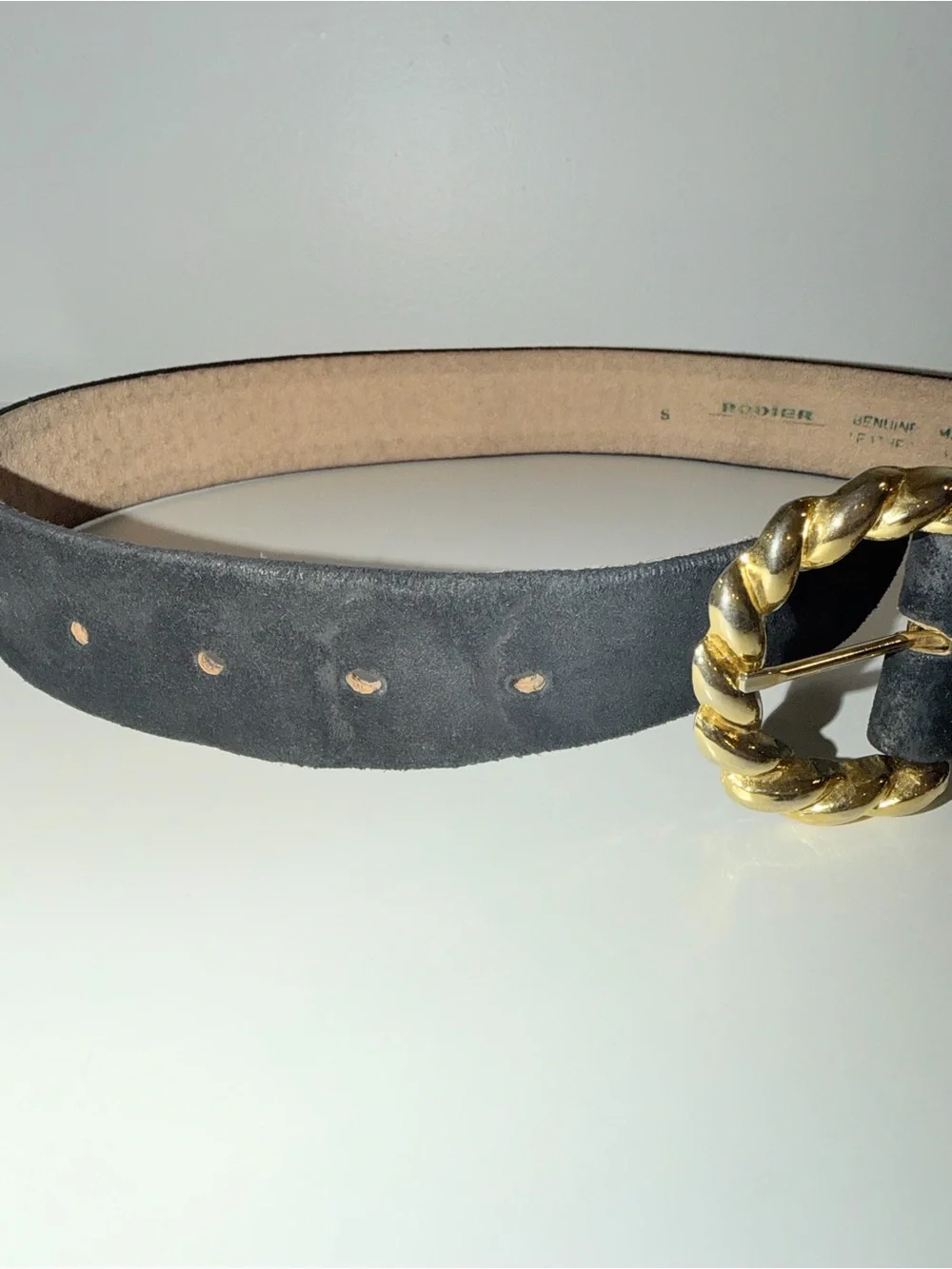 Vtg Rodier Black Genuine Leather Suede Belt with Gold Chain Accent, Sz S